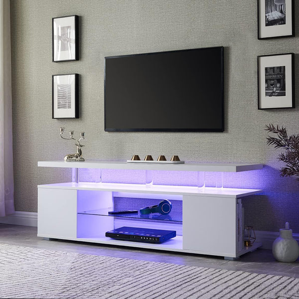 English Elm TV Sleek gaming TV stand for 70 inch with LED lighting, cable management, ample storage and shelves White 67.32 L x 20.07 W x 6.29 H W2178P147739