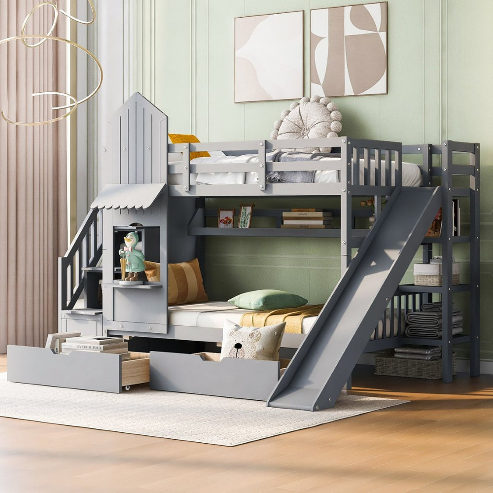 English Elm Twin-over-twin Castle Bunk Bed with Slide Storage Drawers and Shelves for Kids Gray LT000559AAE-3