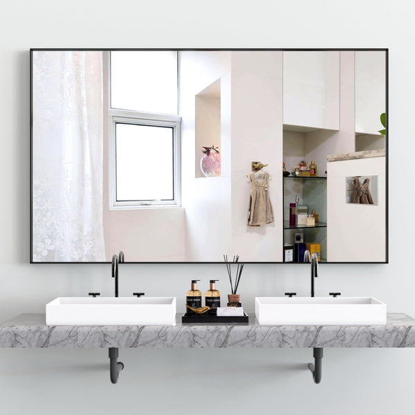 English Elm 60"x40" Oversized Modern Rectangle Mirror with Slim Black Aluminum Frame Removable Tray for Bath W708140631