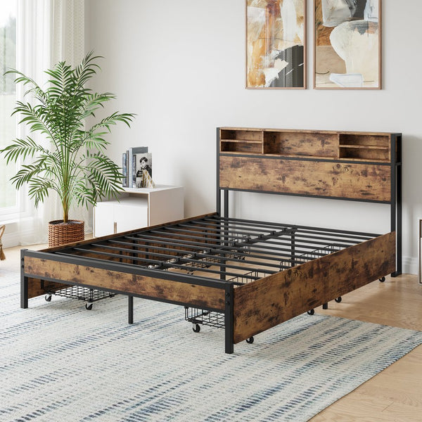 English Elm Queen Bed Frame with 4 Storage Drawers and Charging Headboard, Metal Platform, Sturdy, Easy Assemble W840134067