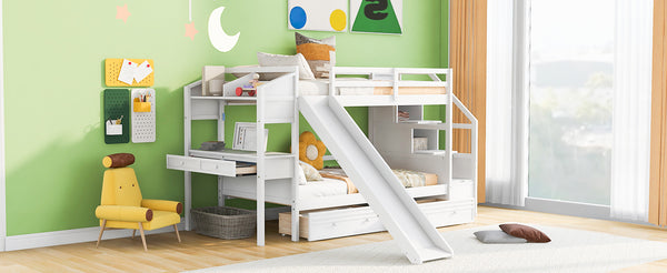 English Elm Twin Twin Bunk Bed with Staircase Storage, Slide, Built-In Desk, Drawers & Shelves — Safe Stylish White SM001811AAK