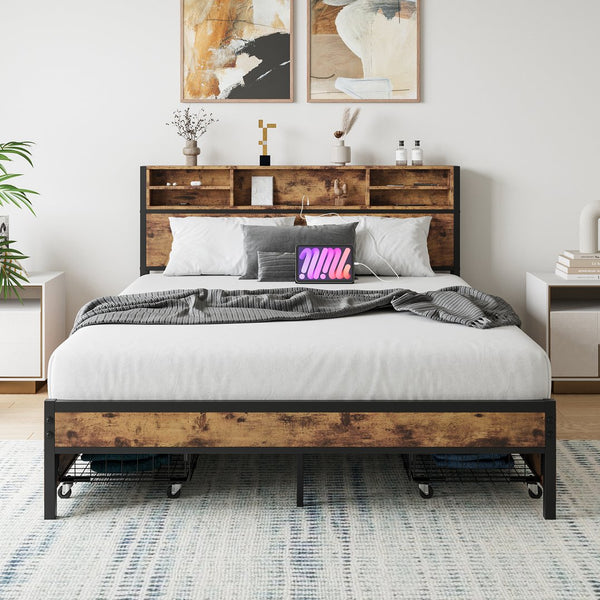English Elm Queen Bed Frame with 4 Storage Drawers and Charging Headboard, Metal Platform, Sturdy, Easy Assemble W840134067