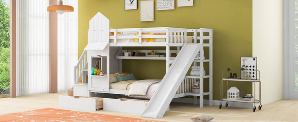 English Elm Twin-over-twin Castle Bunk Bed with Slide Storage Drawers and Shelves for Kids White LT000559AAK-2
