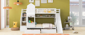 English Elm Twin-over-twin Castle Bunk Bed with Slide Storage Drawers and Shelves for Kids White LT000559AAK-1