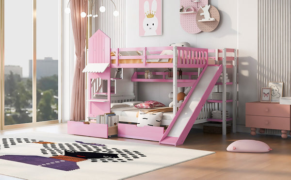 English Elm Full-over-full Castle Bunk Bed with Slide Drawers Shelves Pinewood Kids Frame LT000558AAH-3