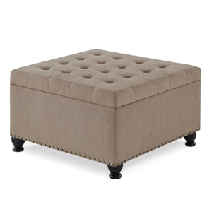 English Elm Large Tufted Faux Leather Storage Ottoman with Brass Nail Trim and Spindle Legs Linen W2186142956