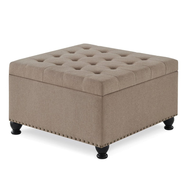 English Elm Large Tufted Faux Leather Storage Ottoman with Brass Nail Trim and Spindle Legs Linen W2186142956