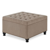 Hearth and Haven Large Square Storage Ottoman with Wooden Legs, Upholstered Button Tufted Coffee Table with Nail Trims For For Living Space, Linen W2186142956