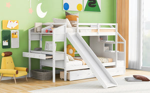 English Elm Twin Twin Bunk Bed with Staircase Storage, Slide, Built-In Desk, Drawers & Shelves — Safe Stylish White SM001811AAK