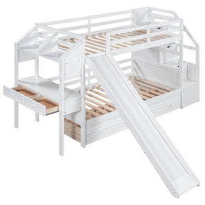 English Elm Twin Twin Bunk Bed with Staircase Storage, Slide, Built-In Desk, Drawers & Shelves — Safe Stylish White SM001811AAK