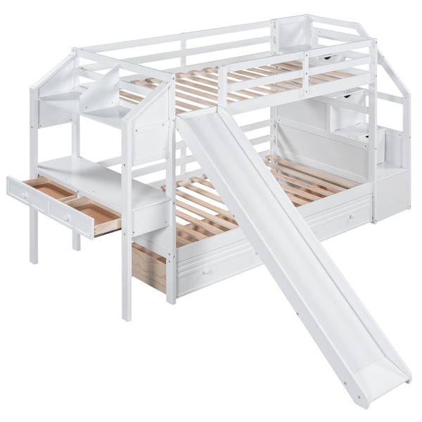 English Elm Twin Twin Bunk Bed with Staircase Storage, Slide, Built-In Desk, Drawers & Shelves — Safe Stylish White SM001811AAK