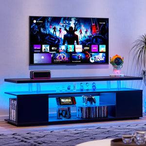 English Elm TV Sleek gaming TV stand for 70 inch with LED lighting, cable management, ample storage and shelves Black 67.32 L x 20.07 W x 6.29 H W2178P147741
