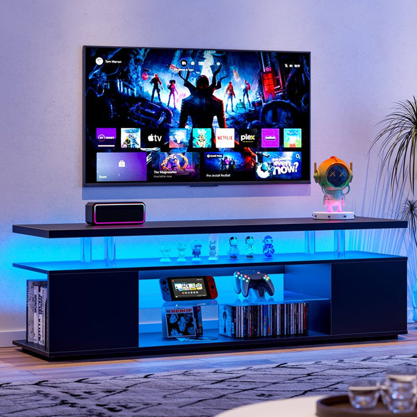 English Elm TV Sleek gaming TV stand for 70 inch with LED lighting, cable management, ample storage and shelves Black 67.32 L x 20.07 W x 6.29 H W2178P147741