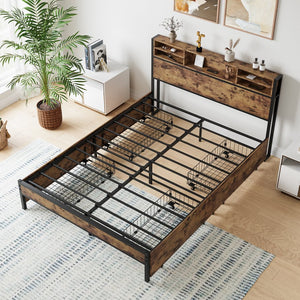 English Elm Queen Bed Frame with 4 Storage Drawers and Charging Headboard, Metal Platform, Sturdy, Easy Assemble W840134067