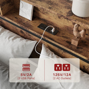 English Elm Queen Bed Frame with 4 Storage Drawers and Charging Headboard, Metal Platform, Sturdy, Easy Assemble W840134067