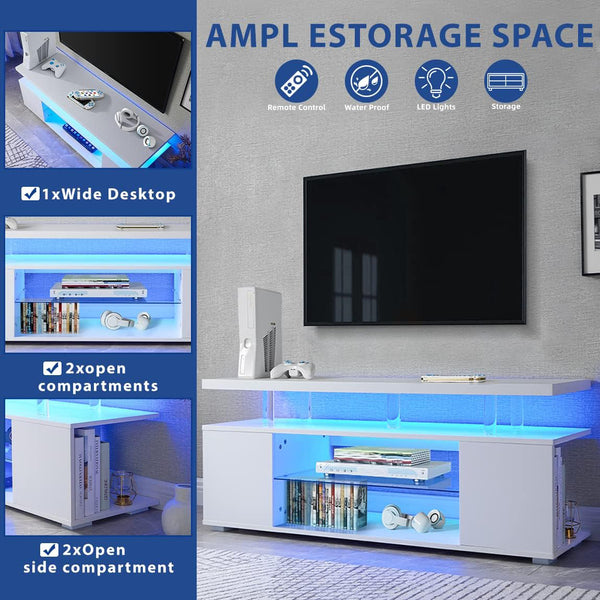 English Elm TV Sleek gaming TV stand for 70 inch with LED lighting, cable management, ample storage and shelves White 67.32 L x 20.07 W x 6.29 H W2178P147739