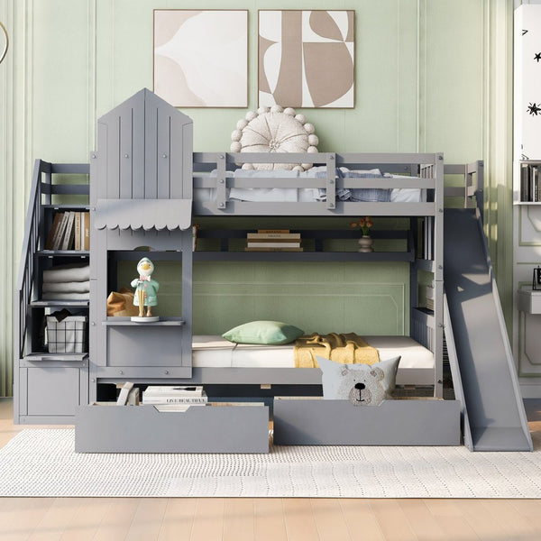 English Elm Twin-over-twin Castle Bunk Bed with Slide Storage Drawers and Shelves for Kids Gray LT000559AAE-1