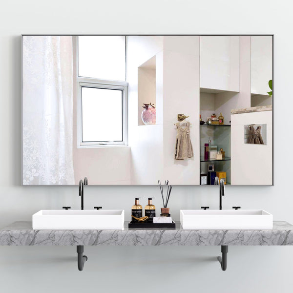 English Elm 60*36" Oversized Modern Rectangle Bathroom Mirror with Sleek Aluminum Frame Removable Tray for Versatile Mounting Silver W708140625