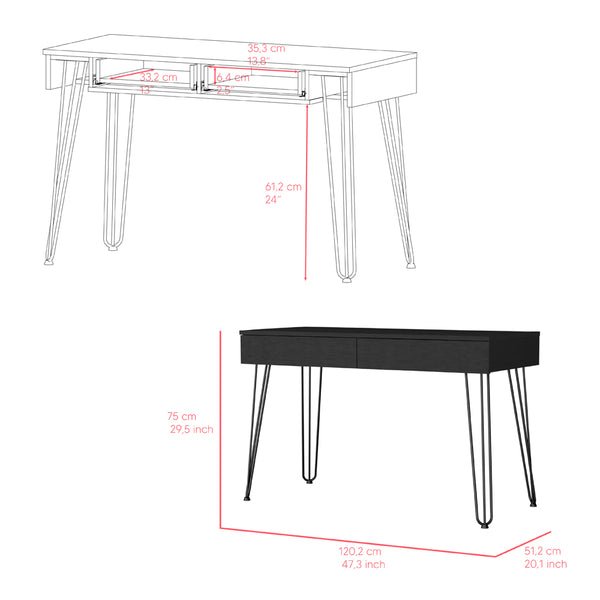 English Elm Desk Hinsdale Black Modern Office Desk with 23.6" Hairpin Legs, 47.3" Work Surface & Dual Drawers B092S00162
