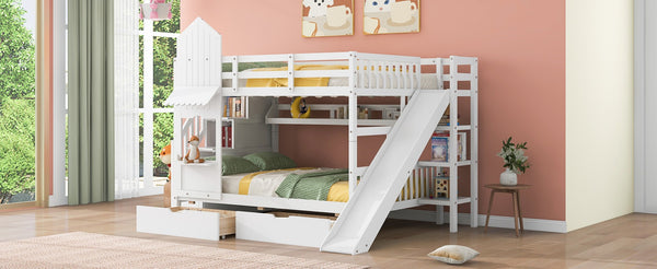English Elm Full-over-full Castle Bunk Bed with Slide Drawers Shelves Pinewood Kids Frame White LT000558AAK-3