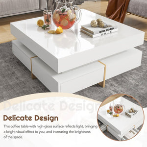 English Elm On-trend Square Coffee Table High Gloss White Top Wood Grain Legs Four Drawer Storage WF314582AAK