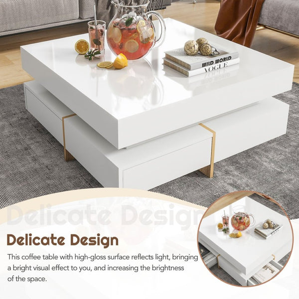 English Elm On-trend Square Coffee Table High Gloss White Top Wood Grain Legs Four Drawer Storage WF314582AAK