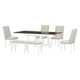 English Elm Trexm 6-Piece Classic Dining Table Set, Rectangular Extendable Dining Table With Two 12"W Removable Leaves and 4 Upholstered Chairs & 1 Bench For Dining Room (White+Black)