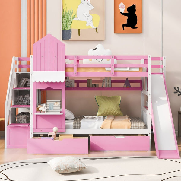 English Elm Twin-over-twin Castle Bunk Bed with Slide Storage Drawers and Shelves for Kids Pink LT000559AAH-3