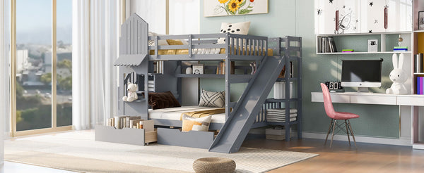 English Elm Full-over-full Castle Bunk Bed with Slide Drawers Shelves Pinewood Kids Frame Gray LT000558AAE-3
