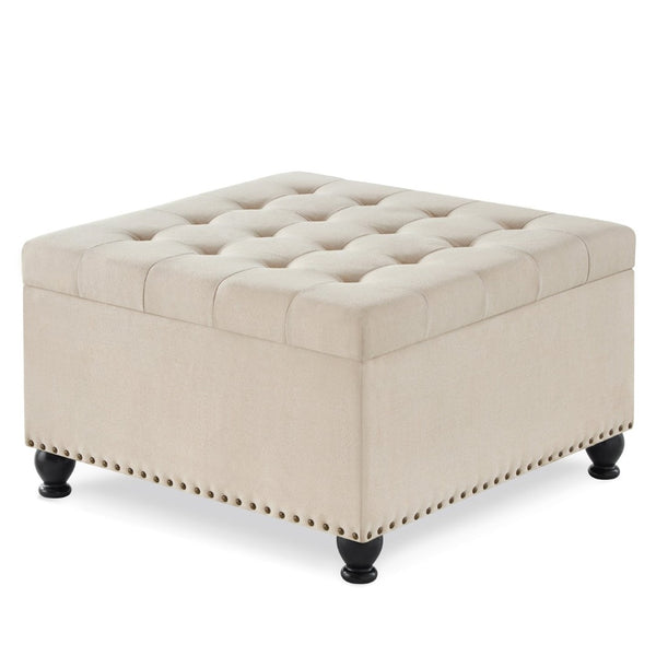 English Elm Large Tufted Faux Leather Storage Ottoman with Brass Nail Trim and Spindle Legs Beige W2186142955