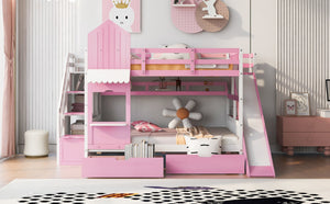 English Elm Full-over-full Castle Bunk Bed with Slide Drawers Shelves Pinewood Kids Frame LT000558AAH-3