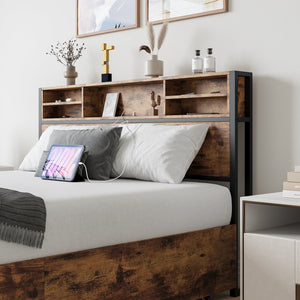 English Elm Queen Bed Frame with 4 Storage Drawers and Charging Headboard, Metal Platform, Sturdy, Easy Assemble W840134067