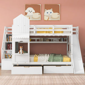 English Elm Full-over-full Castle Bunk Bed with Slide Drawers Shelves Pinewood Kids Frame LT000558AAK-2