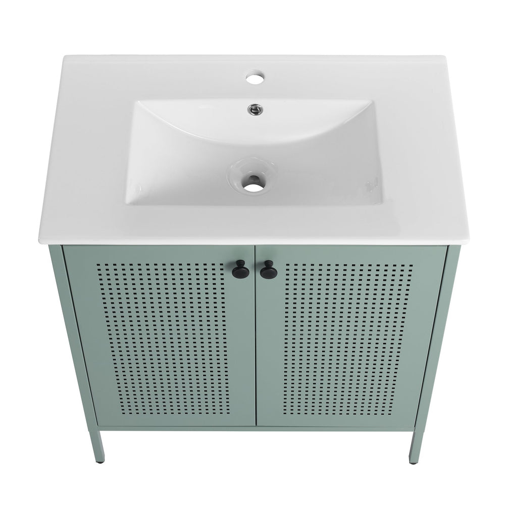 English Elm 30 Inch Freestanding Bathroom Vanity With Durable Ceramic Sink And Adjustable Shelving For Storage W999S00124