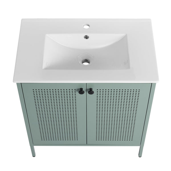 English Elm 30 Inch Freestanding Bathroom Vanity With Durable Ceramic Sink And Adjustable Shelving For Storage W999S00124