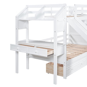 English Elm Twin Twin Bunk Bed with Staircase Storage, Slide, Built-In Desk, Drawers & Shelves — Safe Stylish White SM001811AAK