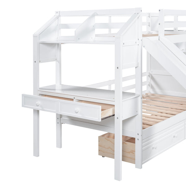 English Elm Twin Twin Bunk Bed with Staircase Storage, Slide, Built-In Desk, Drawers & Shelves — Safe Stylish White SM001811AAK