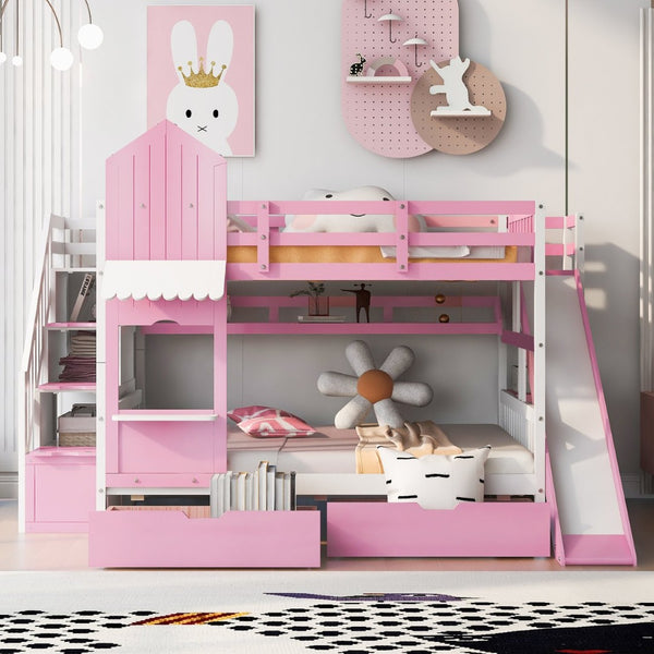 English Elm Full-over-full Castle Bunk Bed with Slide Drawers Shelves Pinewood Kids Frame LT000558AAH-3
