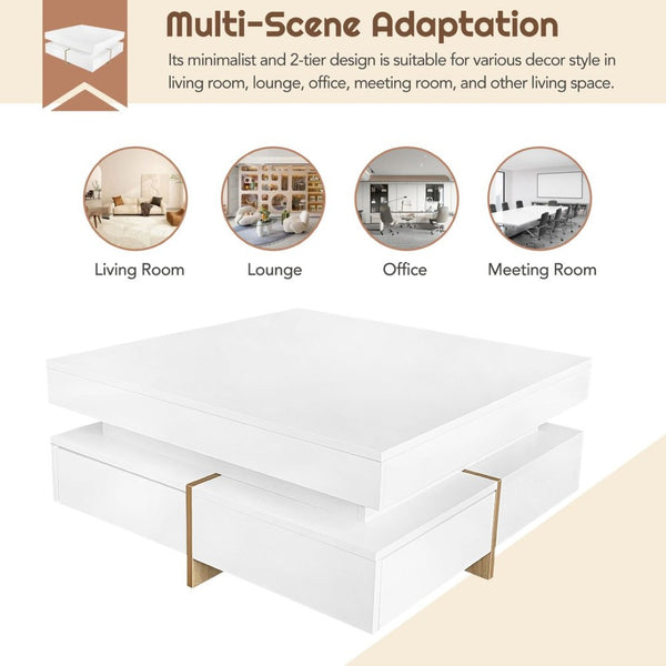English Elm On-trend Square Coffee Table High Gloss White Top Wood Grain Legs Four Drawer Storage WF314582AAK