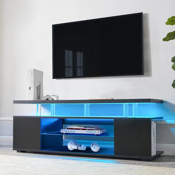 English Elm TV Sleek gaming TV stand for 70 inch with LED lighting, cable management, ample storage and shelves Black 67.32 L x 20.07 W x 6.29 H W2178P147741
