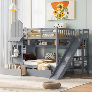 English Elm Full-over-full Castle Bunk Bed with Slide Drawers Shelves Pinewood Kids Frame Gray LT000558AAE-3