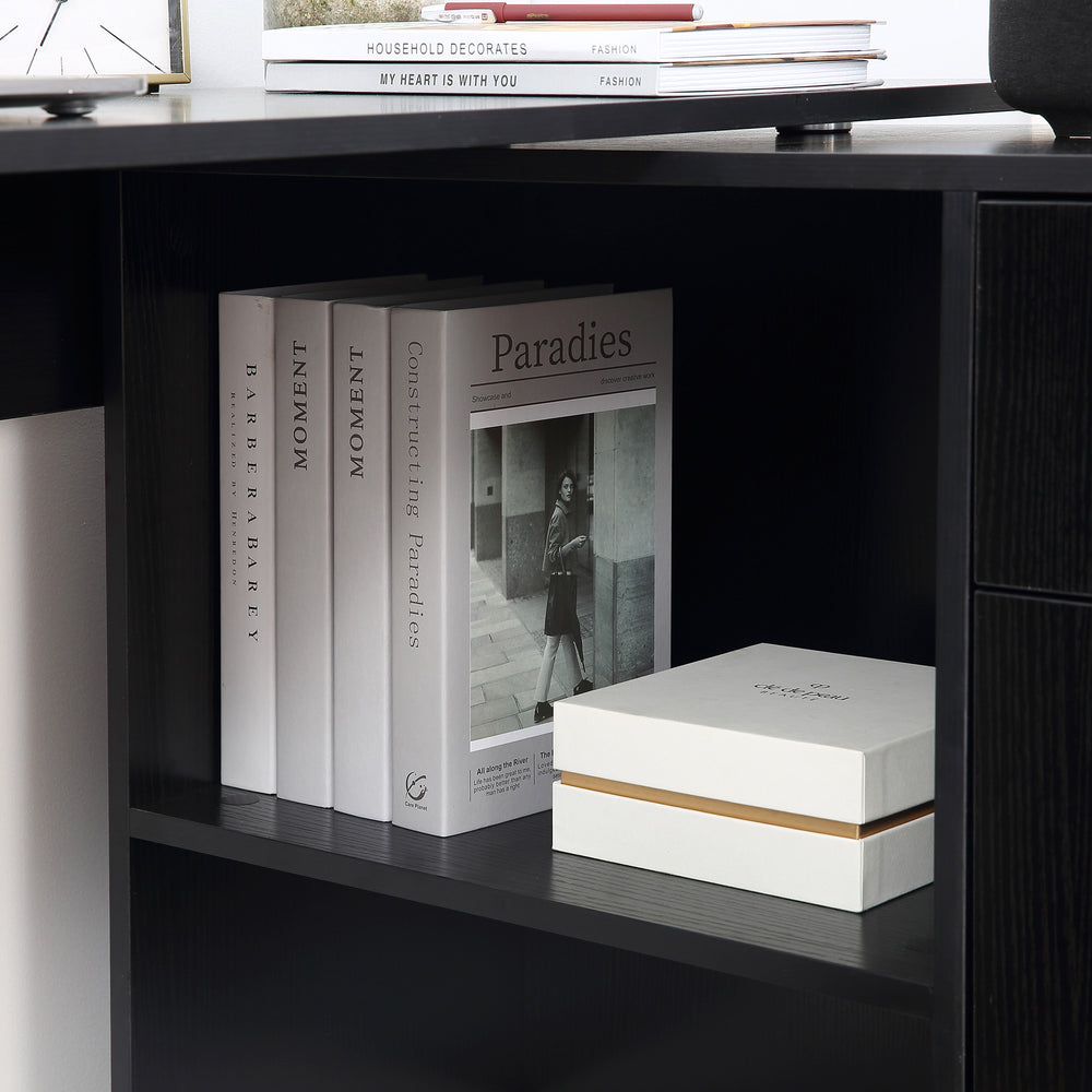 English Elm L L Shaped Computer Desk with 180° Rotation, Drawer, Cabinet & Shelves for Compact Home Office Space W2225142660