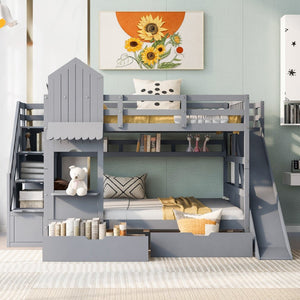 English Elm Full-over-full Castle Bunk Bed with Slide Drawers Shelves Pinewood Kids Frame Gray LT000558AAE-3