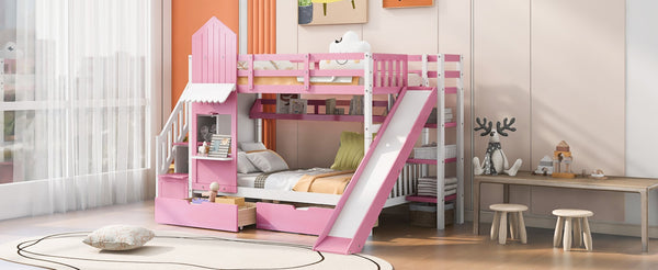 English Elm Twin-over-twin Castle Bunk Bed with Slide Storage Drawers and Shelves for Kids Pink LT000559AAH-3