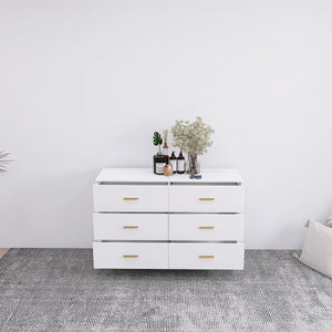 English Elm High Glossy 6-Drawer Chest with Golden Handles and Steel Legs — Spacious Storage, Modern Vanity Design White W2139134915