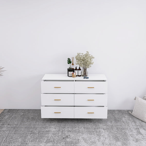 English Elm High Glossy 6-Drawer Chest with Golden Handles and Steel Legs — Spacious Storage, Modern Vanity Design White W2139134915