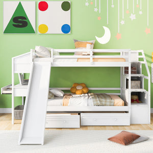 English Elm Twin Twin Bunk Bed with Staircase Storage, Slide, Built-In Desk, Drawers & Shelves — Safe Stylish White SM001811AAK
