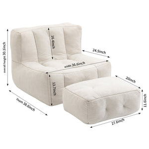 English Elm Fluffy Velvet Bean Bag Lounge Chair with Ottoman Memory Foam Adult Bedroom Seating White W1996131041