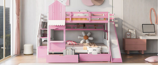 English Elm Full-over-full Castle Bunk Bed with Slide Drawers Shelves Pinewood Kids Frame LT000558AAH-3