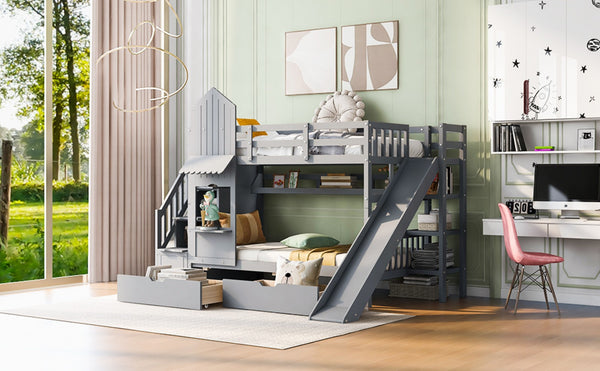 English Elm Twin-over-twin Castle Bunk Bed with Slide Storage Drawers and Shelves for Kids Gray LT000559AAE-1